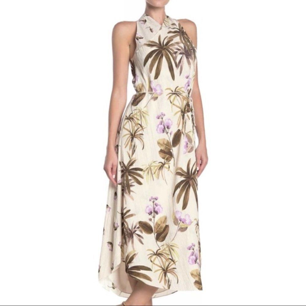 Vince Halter‎ Maxi Dress Cream Tropical Palm Orchid Print Size L New